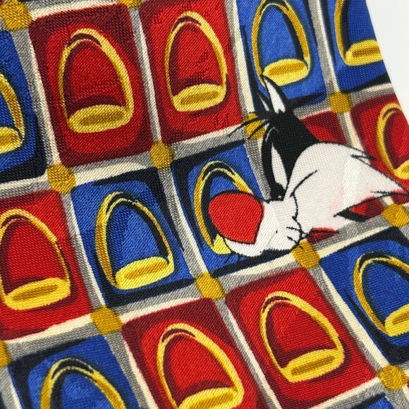 90s Looney Tunes Mania Red Blue Bugs Bunny Daffy Duck Neck Tie - Picture 2 of 4